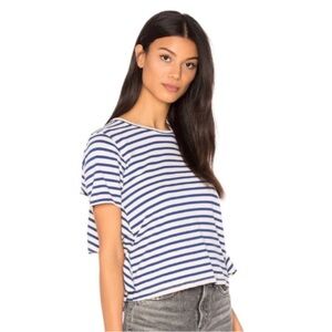 AMO Black and White Striped Short Sleeve Ruffle Tee